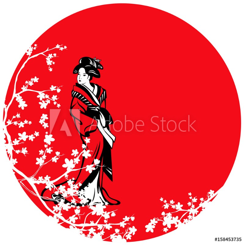 Afbeeldingen van Beautiful japanese geisha among sakura blossom against red sun vector design